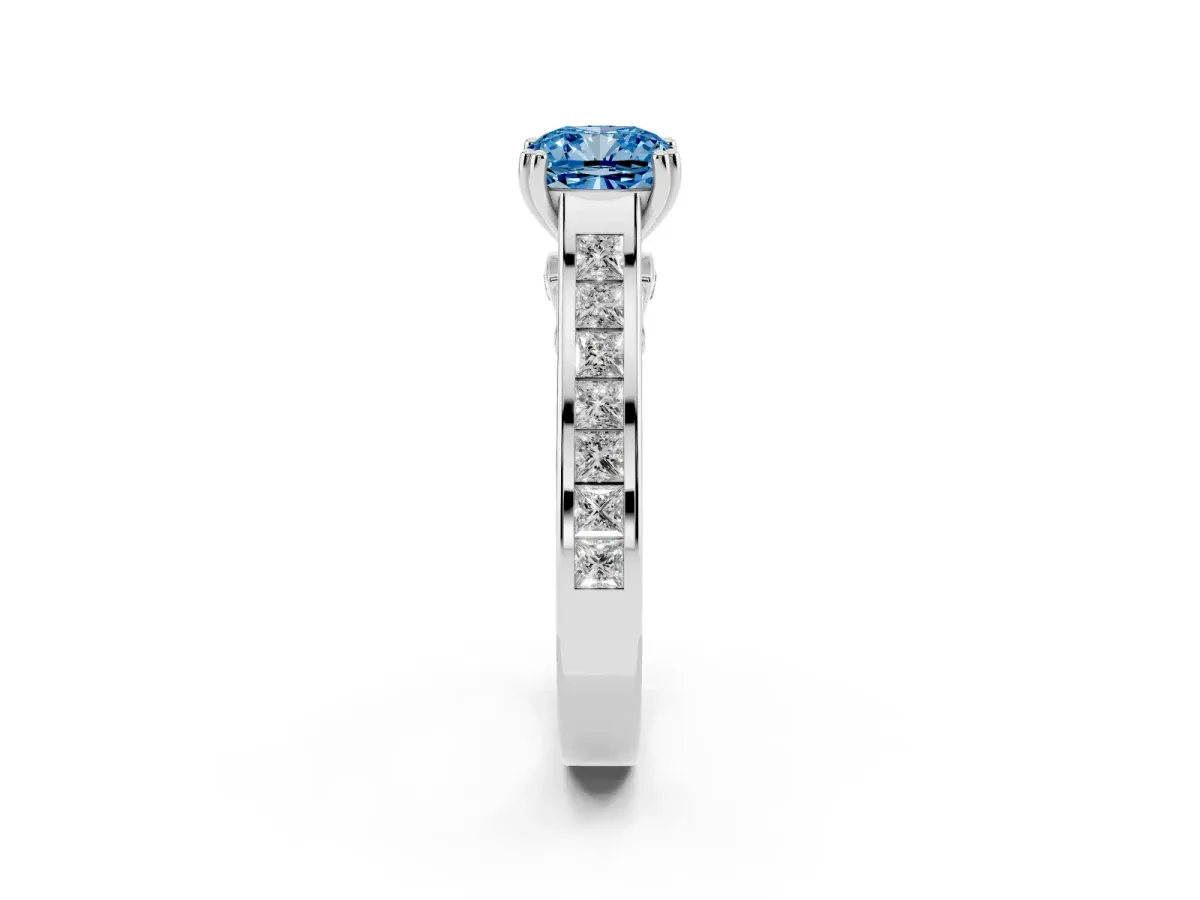 Fancy Blue Cushion Cut Cut Channel Set Solitaire Engagement Ring with Prong Setting Platinum