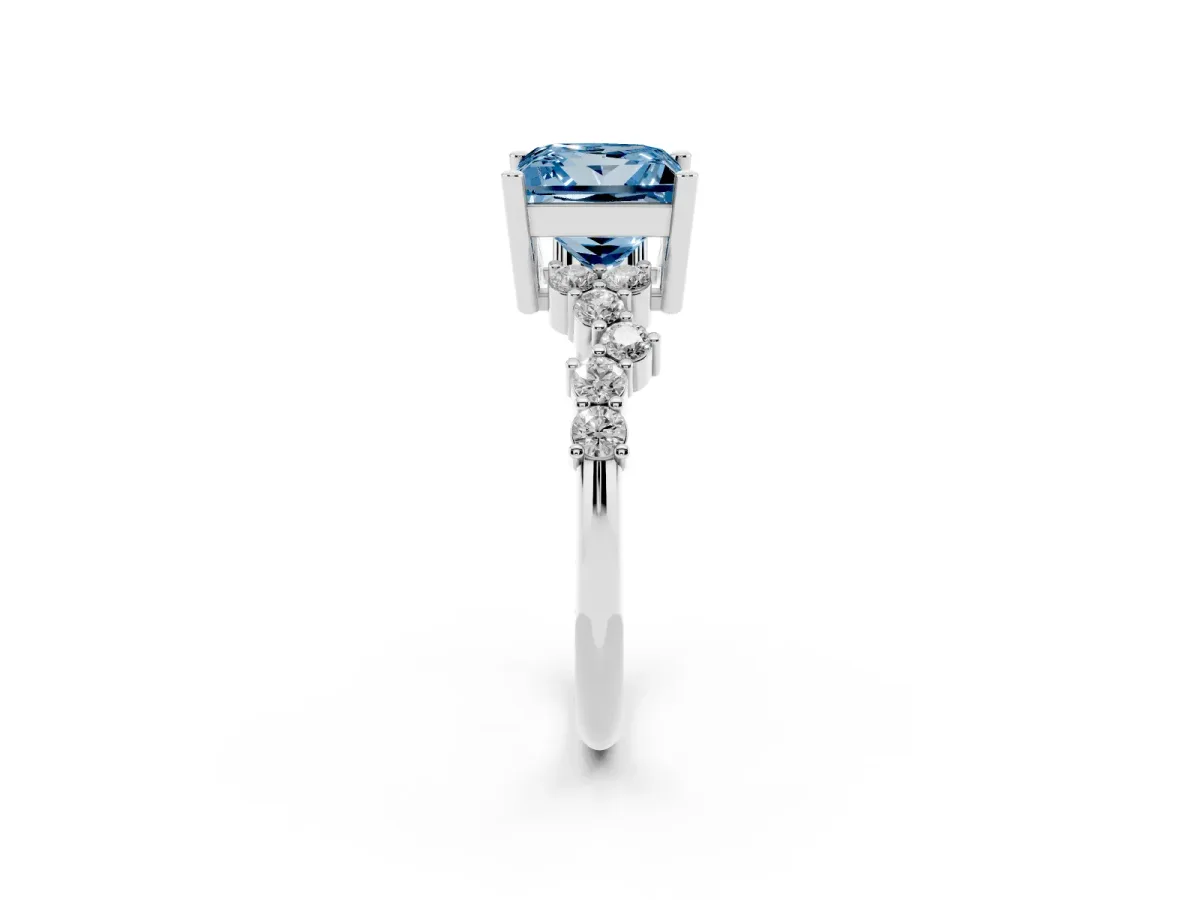 Fancy Blue Princess Cut Diamond Scattered Round Accent Ring with Prong Setting White gold