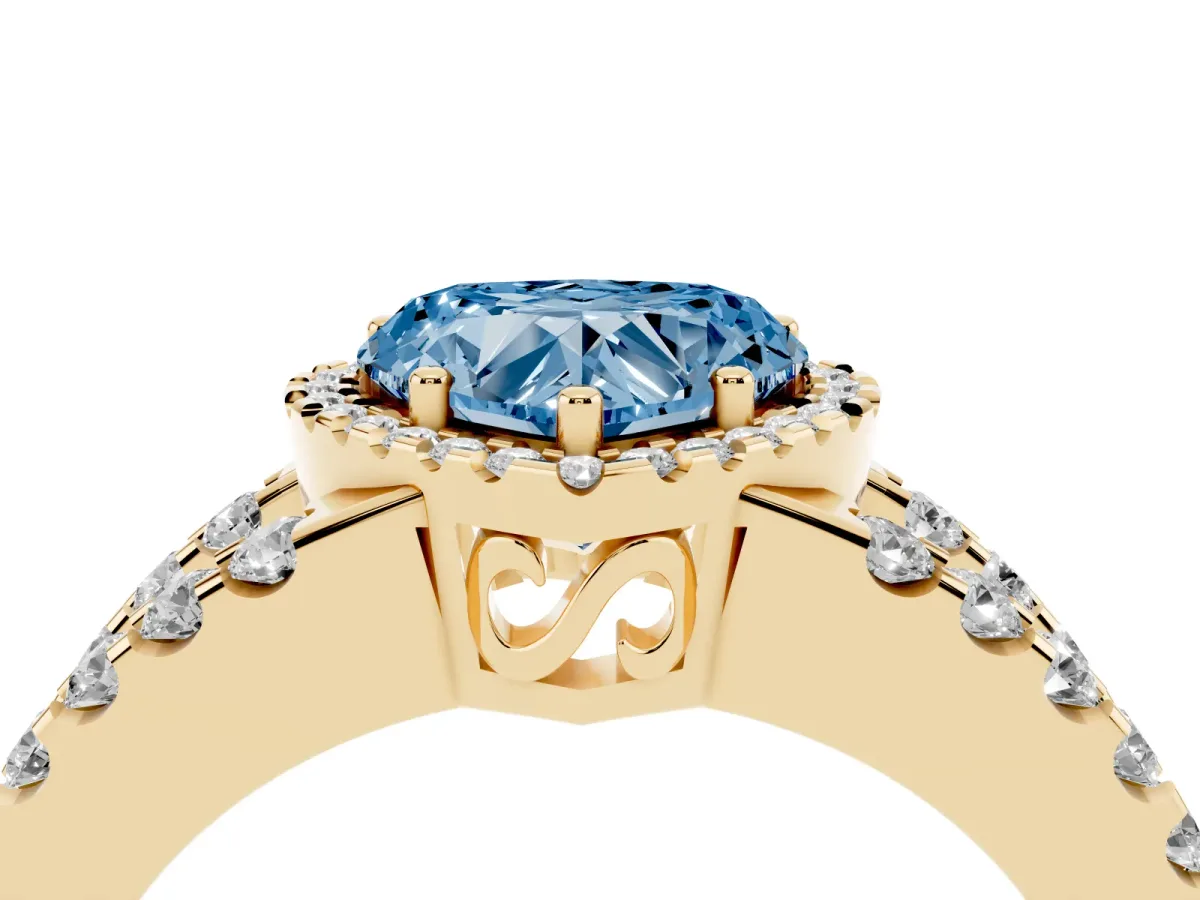 Fancy Blue Heart Cut Cut Halo Split Shank Diamond Ring with Four-Prong Setting Yellow gold