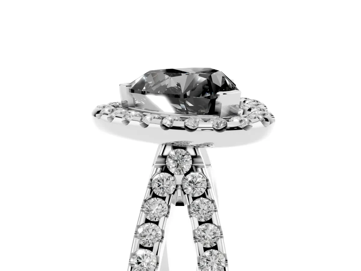 Fancy Black Heart Cut Diamond Halo Ring with Split Shank Pavé Band and Prong Setting White gold