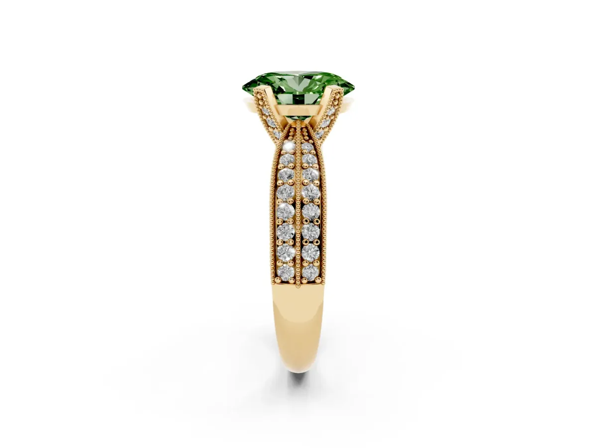 Fancy Green Oval Cut Diamond Solitaire Ring with Milgrain Round Pavé Band and Prong Setting Yellow gold