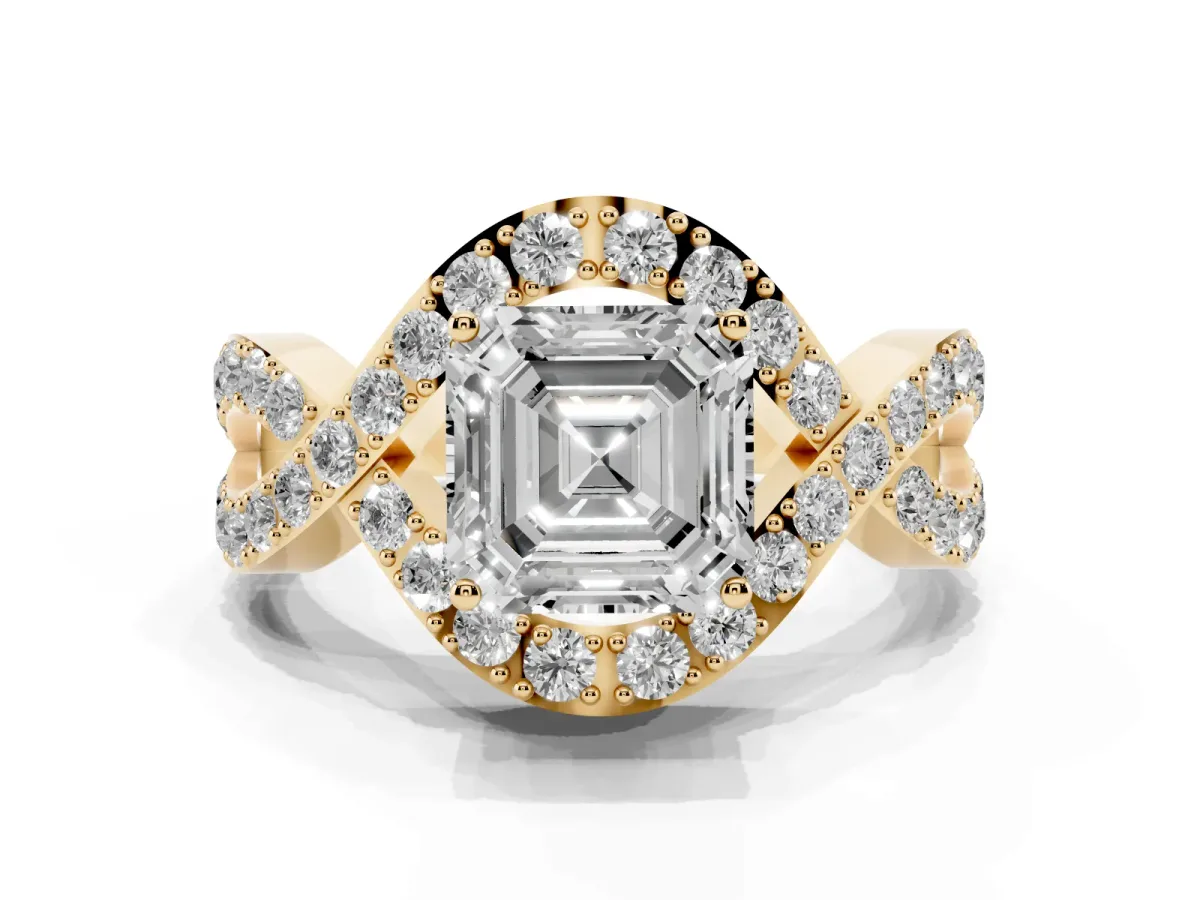 Asscher Cut Solitaire Twist Band Pavé Diamond Engagement Ring Yellow gold