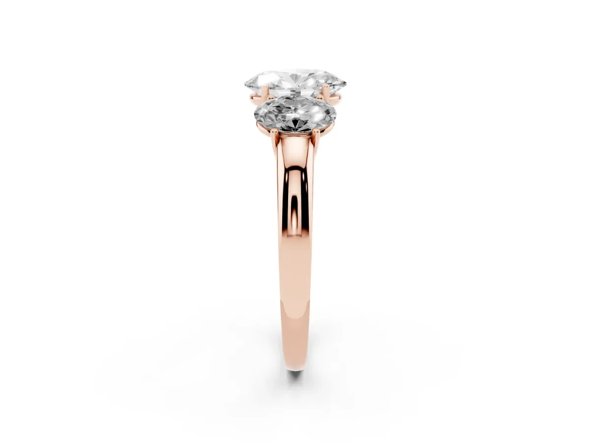 Oval Cut Diamond Three-Stone Ring with Four-Prong Setting and Classic Band Rose gold