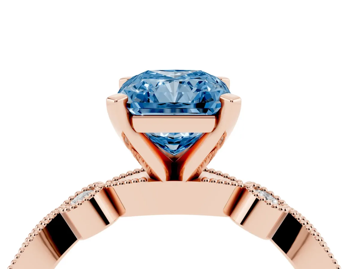 Fancy Blue Radiant Cut Milgrain Bezel Diamond Engagement Ring with Solitaire Prong Setting Rose gold
