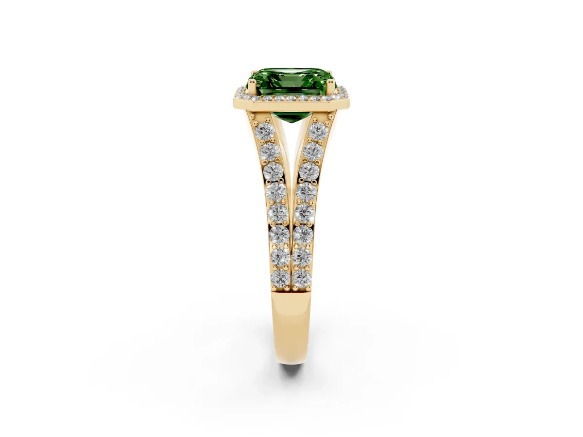 Fancy Green Asscher Cut Diamond Split Shank Halo Ring with Four-Prong Setting Yellow gold