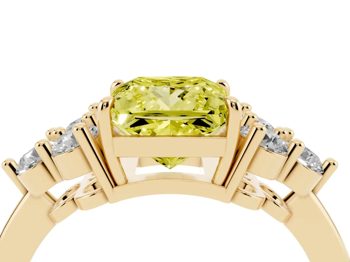 Fancy Yellow Princess Cut Brilliant Diamond Cluster Accent Solitaire Ring with Prong Setting Yellow gold