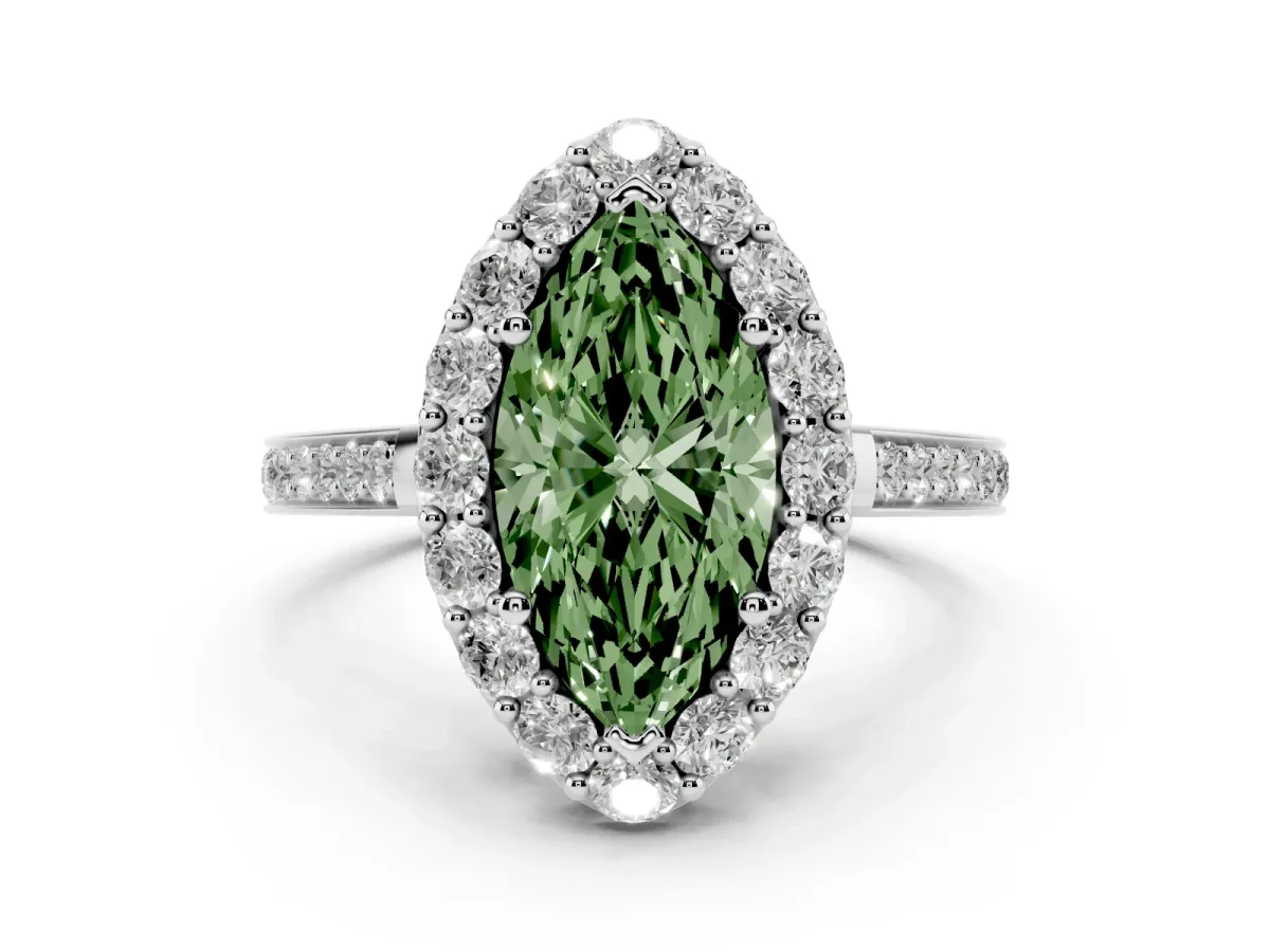 Fancy Green Marquise Cut Diamond Floral Halo Ring with Pavé Band and Prong Setting Platinum