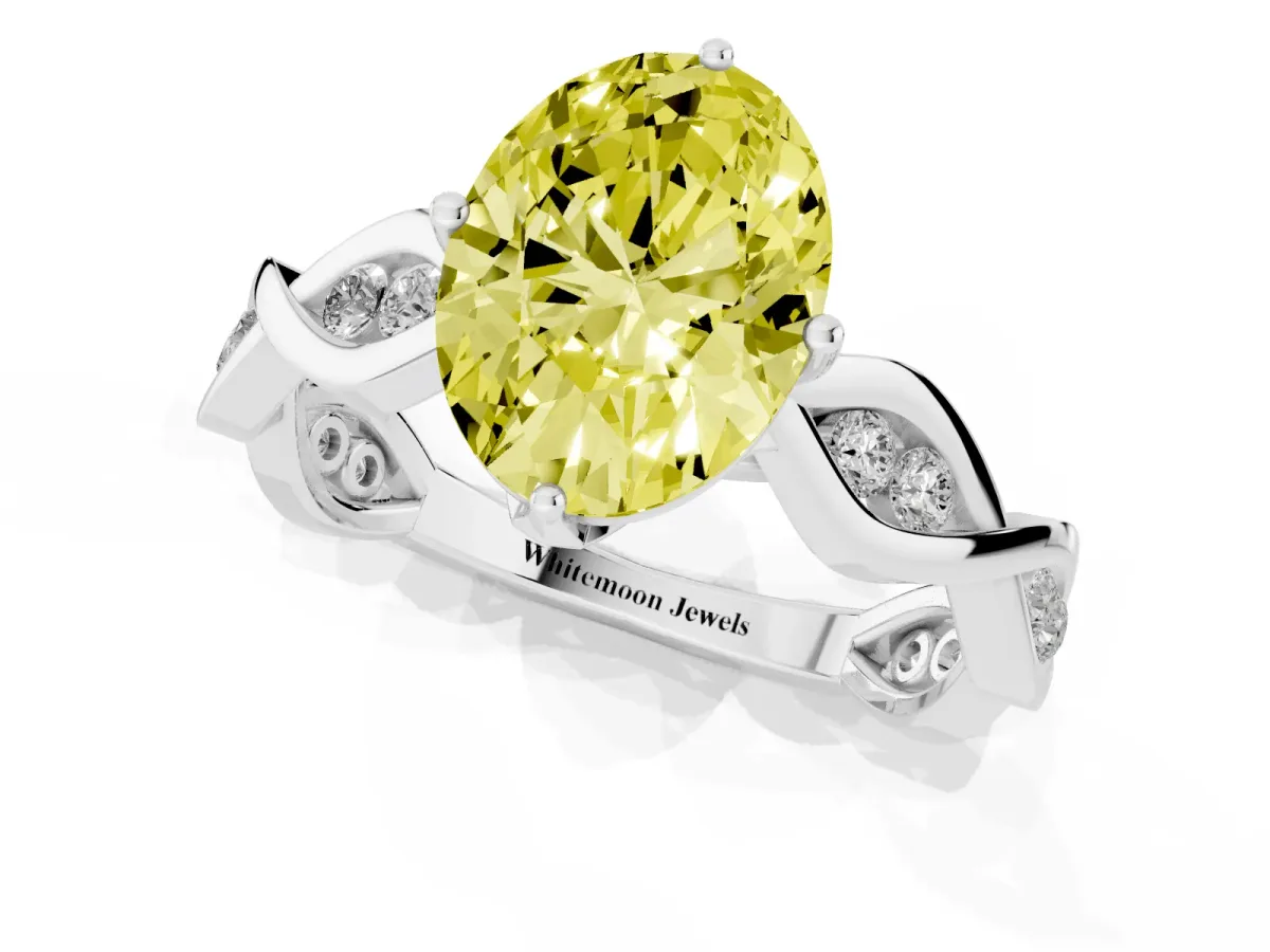 Fancy Yellow Oval Cut Solitaire Twist Band with Leaf Prong Setting White gold