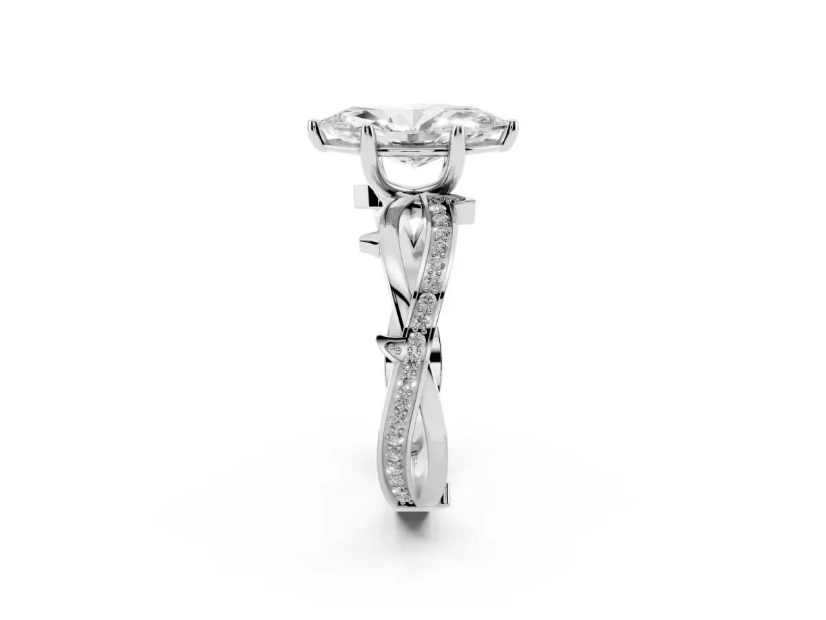 Marquise Cut Solitaire Twist Band with Pavé Accents and Four-Prong Setting Silver