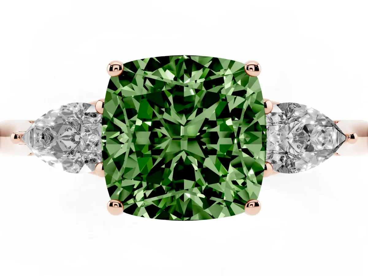 Fancy Green Cushion Cut Diamond Three-Stone Ring with Pear Side Stones and Prong Setting Rose gold