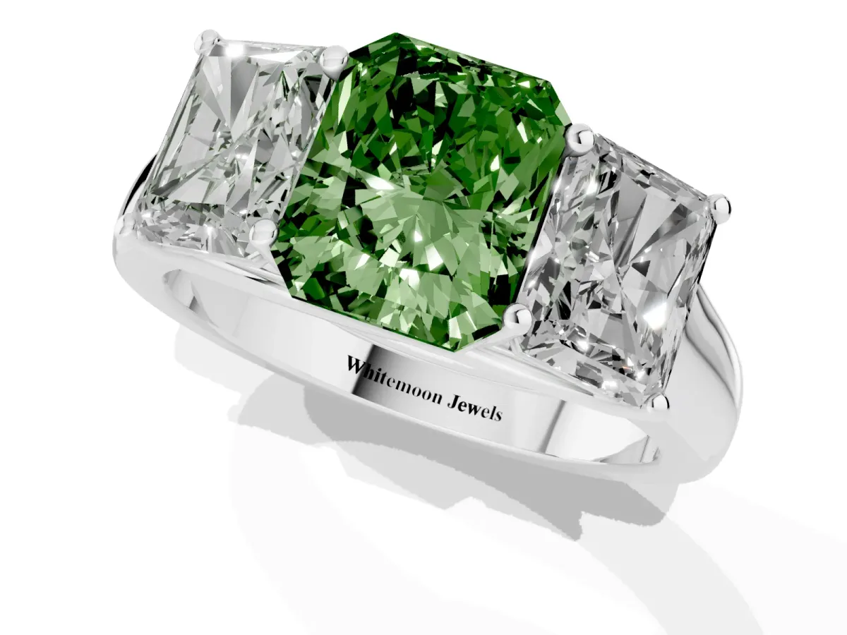 Fancy Green Radiant Cut Three-Stone Diamond Ring with Prong Setting on a Classic Band Silver