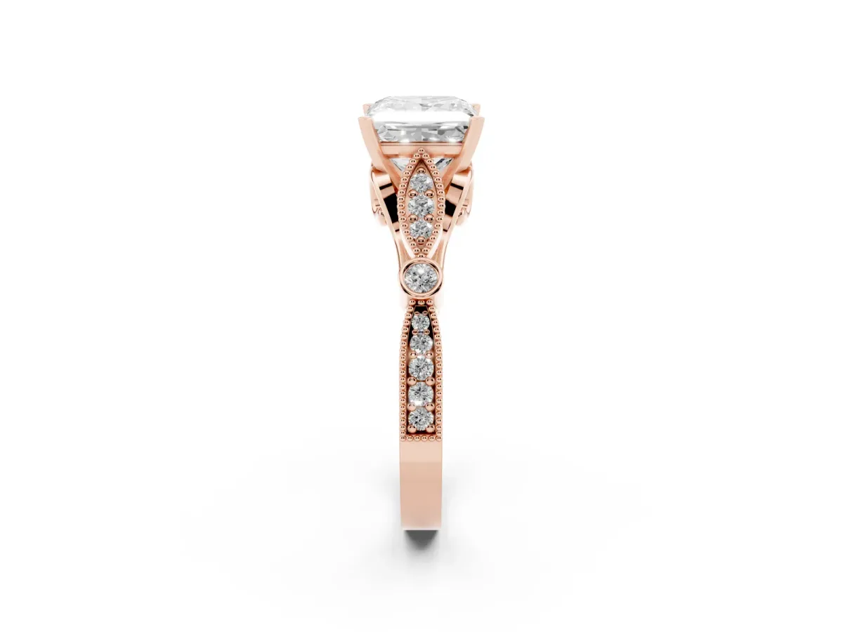Princess Cut Cut Diamond with Milgrain Marquise and Bezel Accents on a Solitaire Band with Prong Setting Rose gold