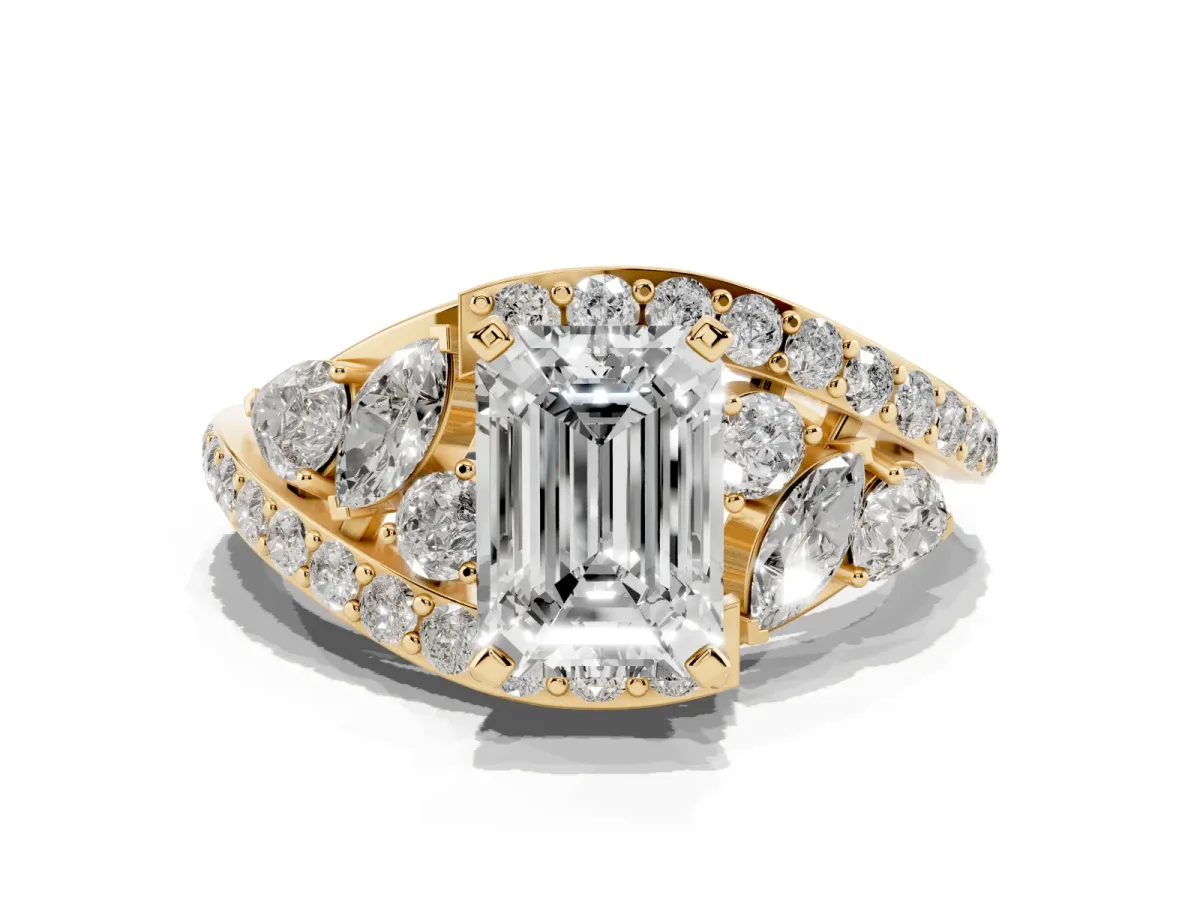 Emerald Cut Diamond Halo Ring with Marquise and Pavé Band in Prong Setting Yellow gold