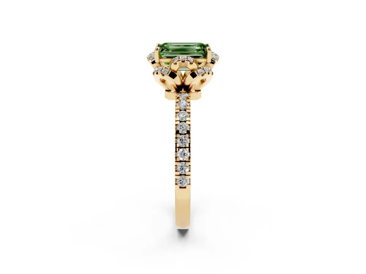 Fancy Green Emerald Cut Halo Diamond Pave Band Ring with Four-Prong Setting Yellow gold