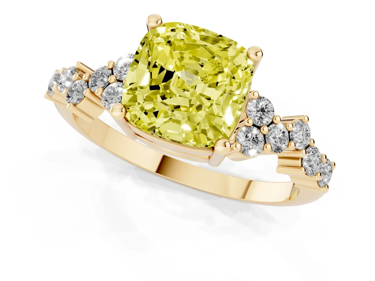 Fancy Yellow Cushion Cut Diamond Scattered Round Accent Ring with Prong Setting Yellow gold