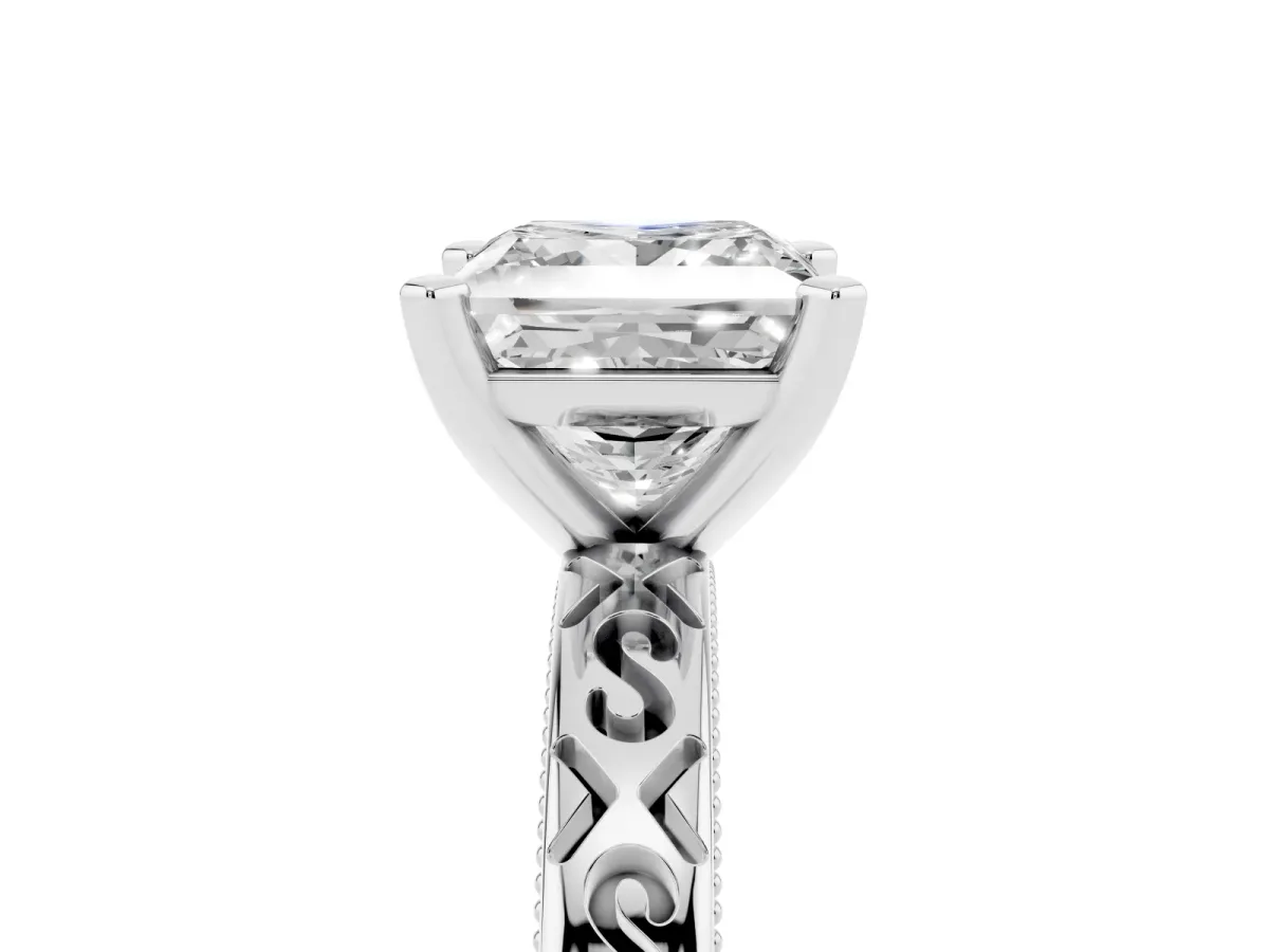 Princess Cut Solitaire Engagement Ring with Scrollwork Band and Four-Prong Setting Silver