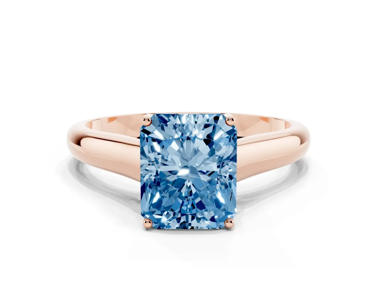Fancy Blue Radiant Cut Solitaire Engagement Ring with Tapered Band and Four-Prong Setting Rose gold