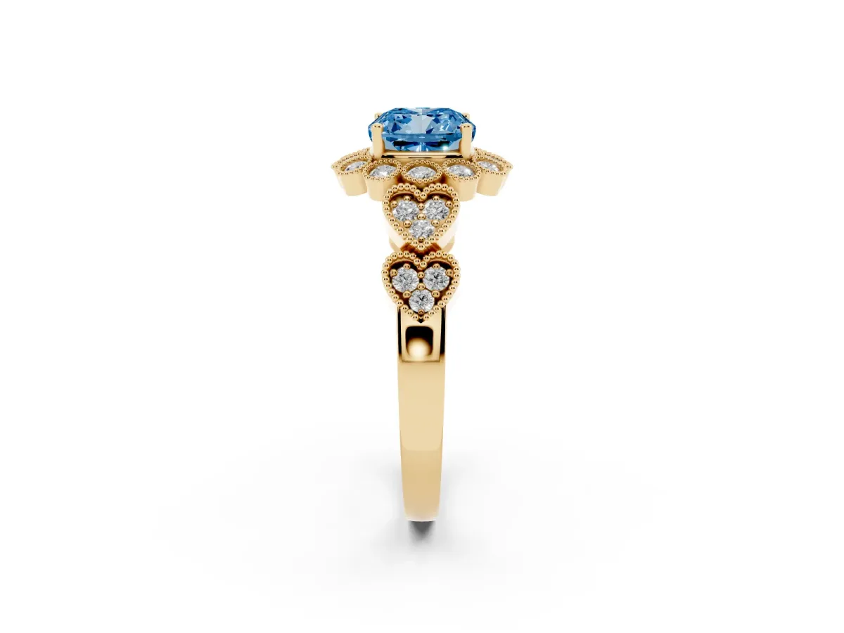 Fancy Blue Cushion Cut Brilliant Milgrain Pave Heart Band Solitaire Ring Yellow gold
