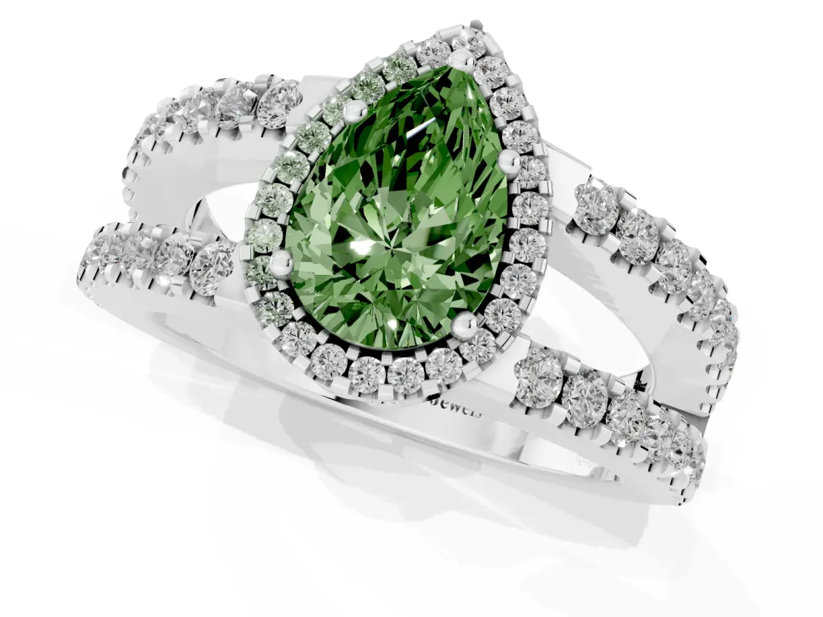 Fancy Green Pear Cut Cut Halo Split Shank Diamond Ring with Four-Prong Setting White gold