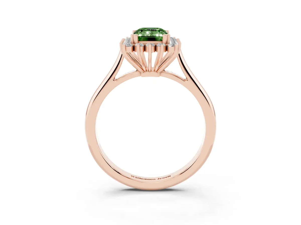 Fancy Green Emerald Cut Cut Diamond Halo Ring with Solitaire Band and Prong Setting Rose gold