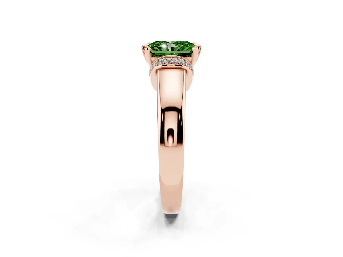 Fancy Green Radiant Cut Solitaire Diamond Ring with Pave Band and Six-Prong Setting Rose gold