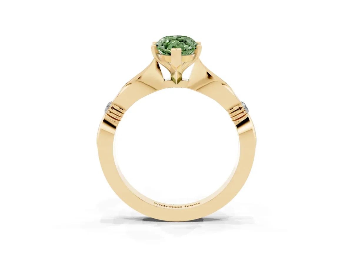 Fancy Green Marquise Cut Solitaire Diamond Twisted Band with Four-Prong Setting Yellow gold