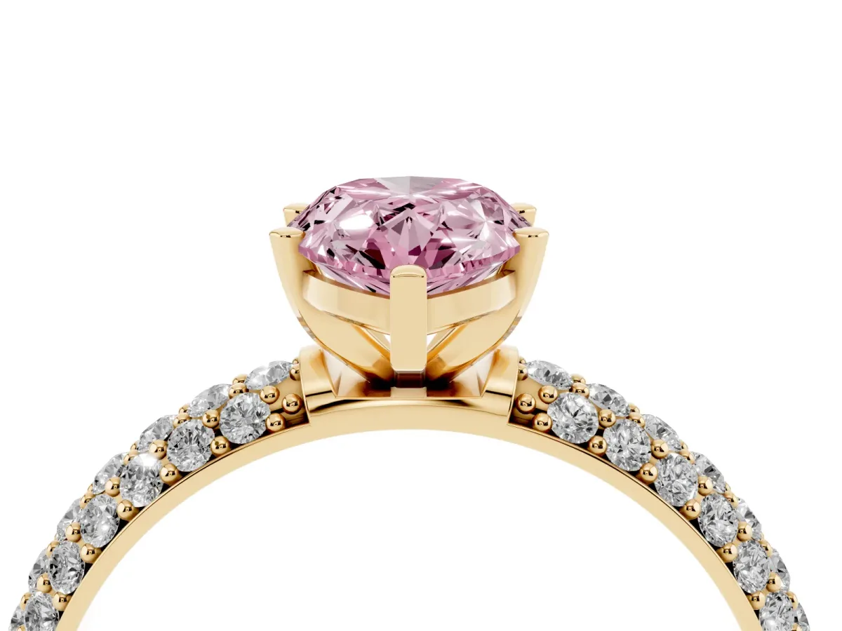 Fancy Pink Pear Cut Diamond Solitaire Ring with Prong Setting and Pavé Band Yellow gold