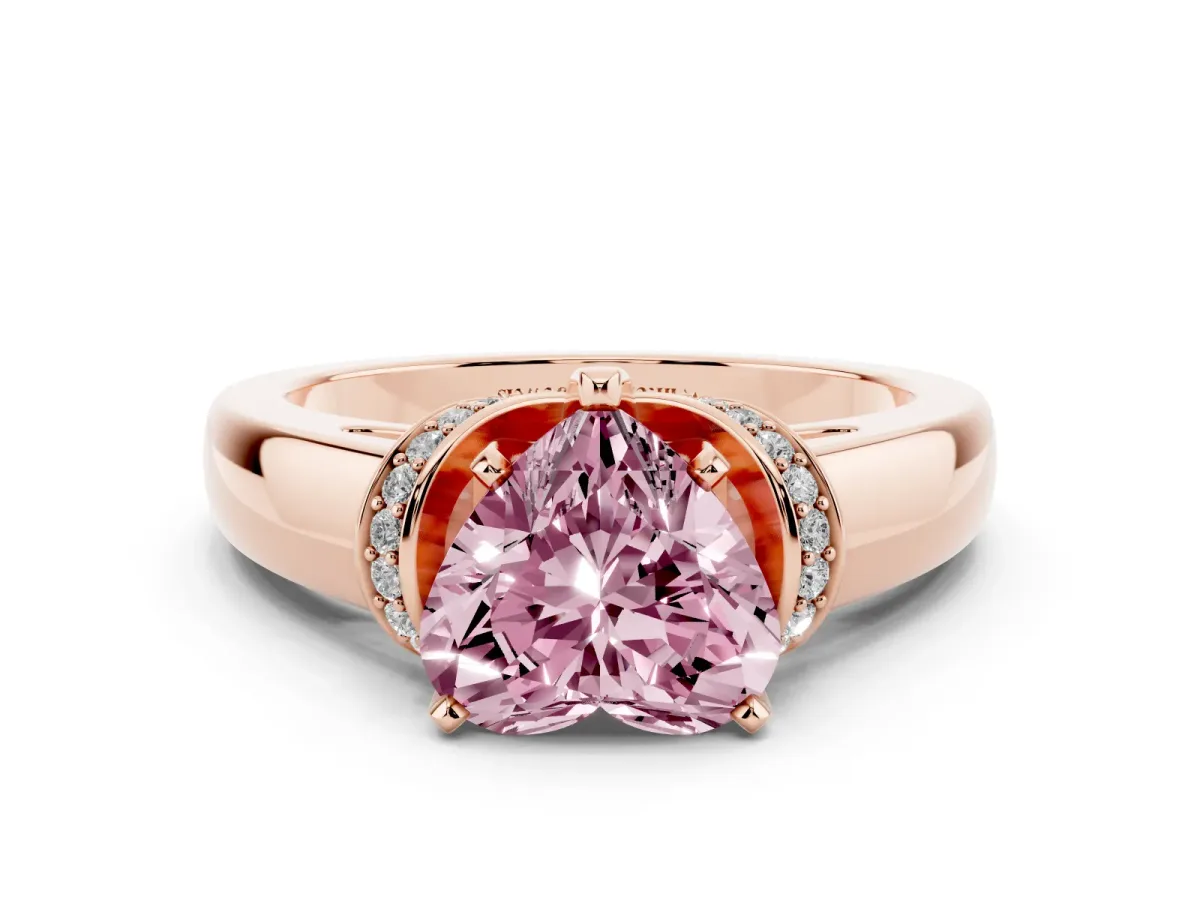 Fancy Pink Heart Cut Solitaire Diamond Ring with Pave Band and Six-Prong Setting Rose gold