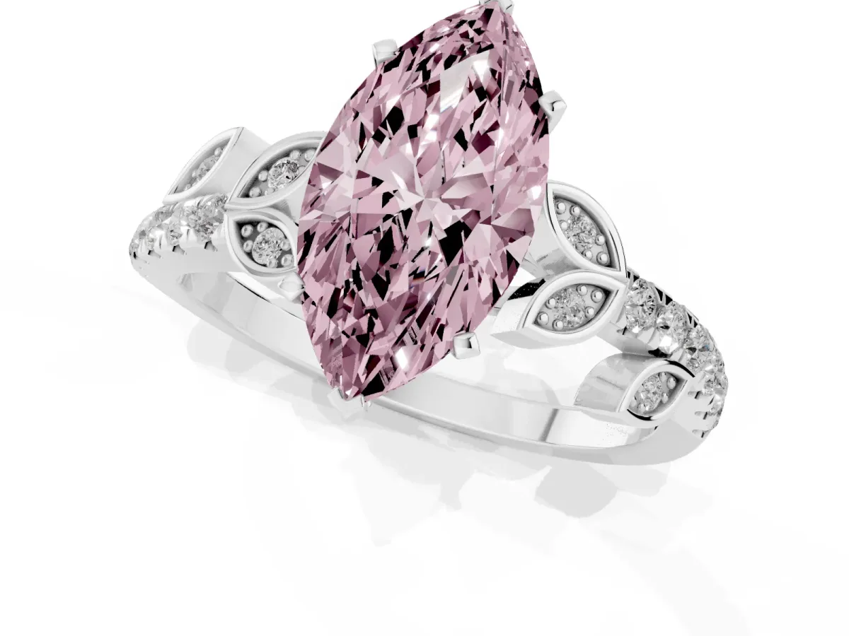 Fancy Pink Marquise Cut Solitaire Leaf-Inspired Diamond Ring with Pavé Band and Four-Prong Setting Silver