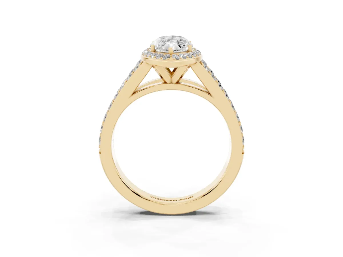 Marquise Cut Diamond Split Shank Halo Ring with Four-Prong Setting Yellow gold