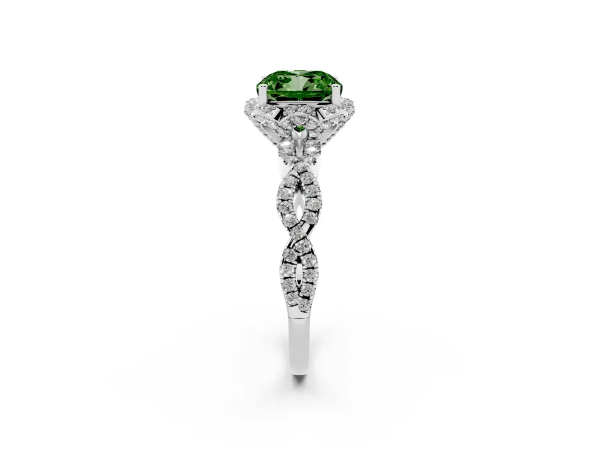 Fancy Green Cushion Cut Halo Twist Band Solitaire Ring with Six-Prong Setting Silver