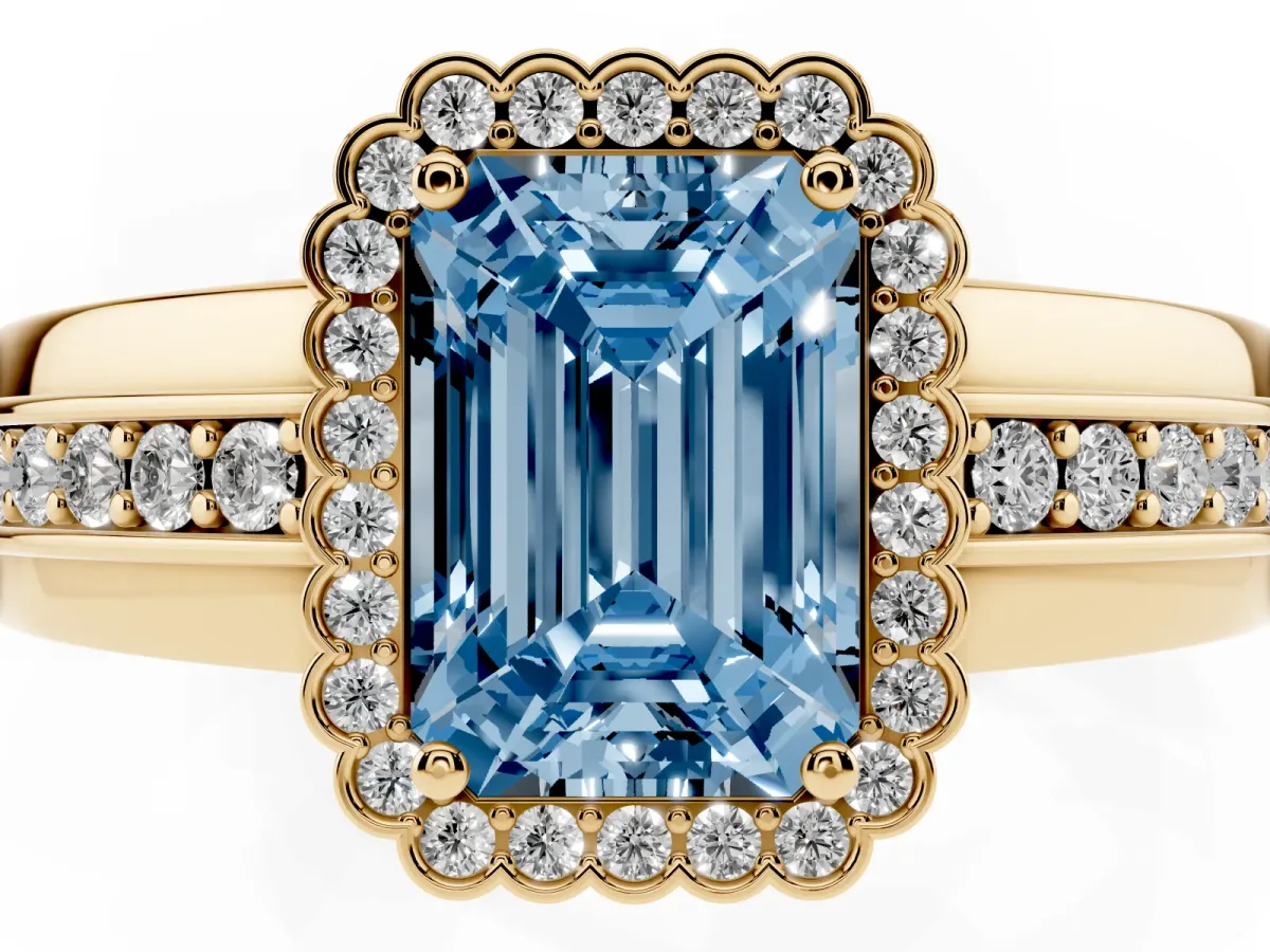 Fancy Blue Emerald Cut Cut Halo Pave Band Four-Prong Ring Yellow gold