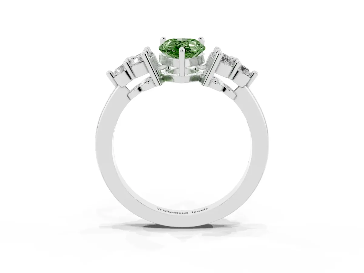 Fancy Green Pear Cut Brilliant Diamond Cluster Accent Solitaire Ring with Prong Setting Silver