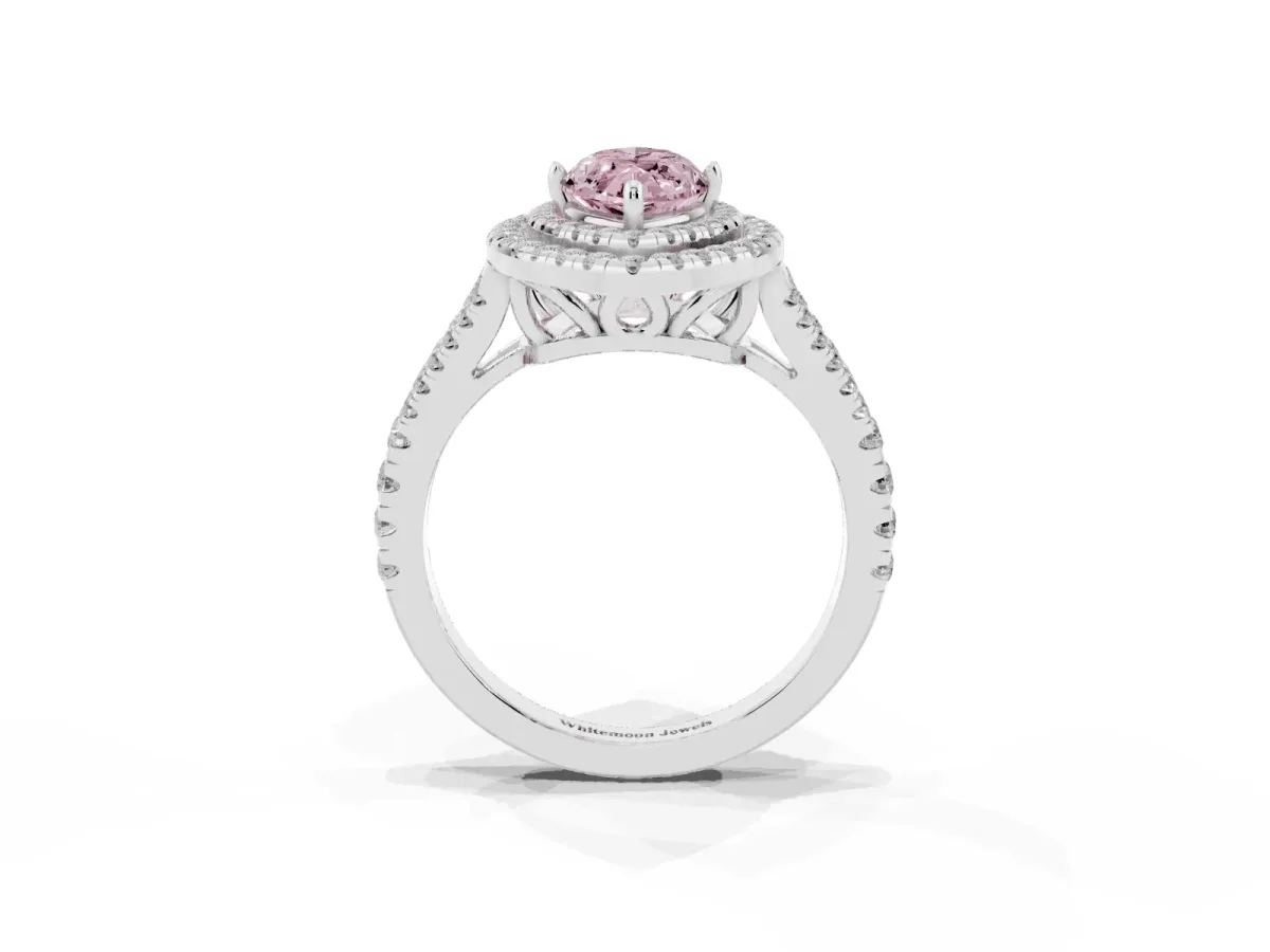 Fancy Pink Marquise Cut Diamond Double Halo Ring with Pavé Band and Prong Setting Silver