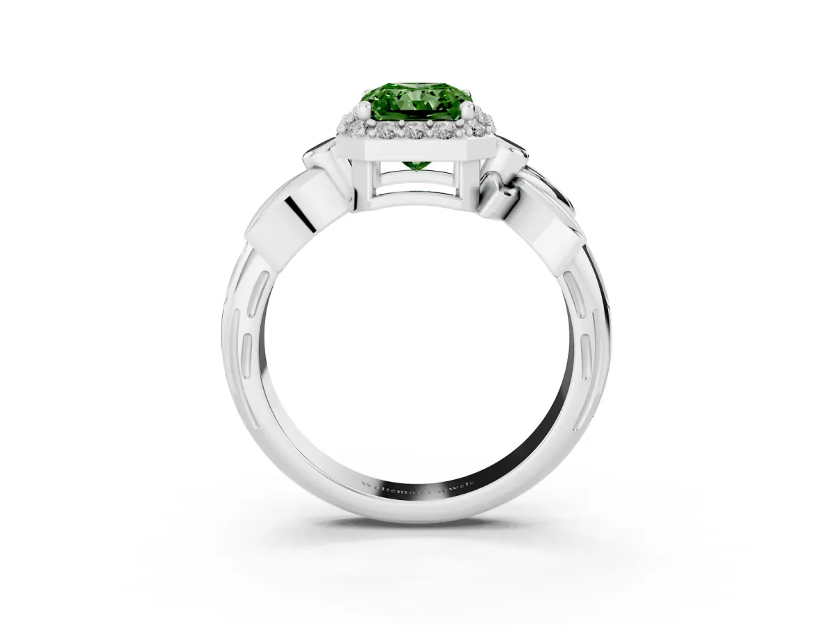 Fancy Green Radiant Cut Halo Diamond Floral Band with Four-Prong Setting Silver