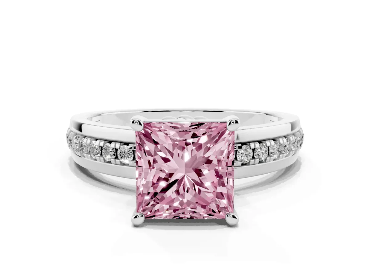 Fancy Pink Princess Cut Solitaire Diamond Ring with Channel Set Band and Six-Prong Setting Silver