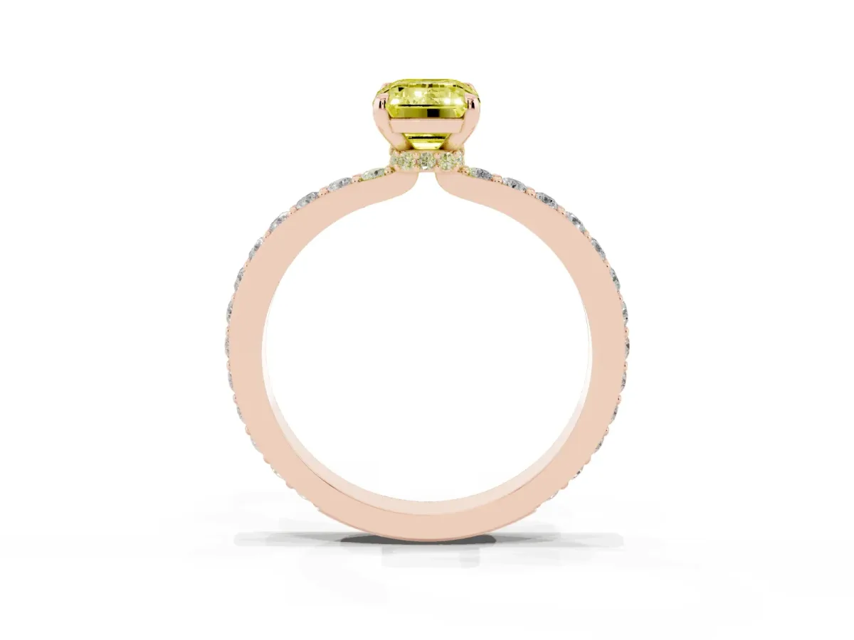 Fancy Yellow Emerald Cut Diamond Solitaire Engagement Ring with Pavé Band and Four-Prong Setting Rose gold