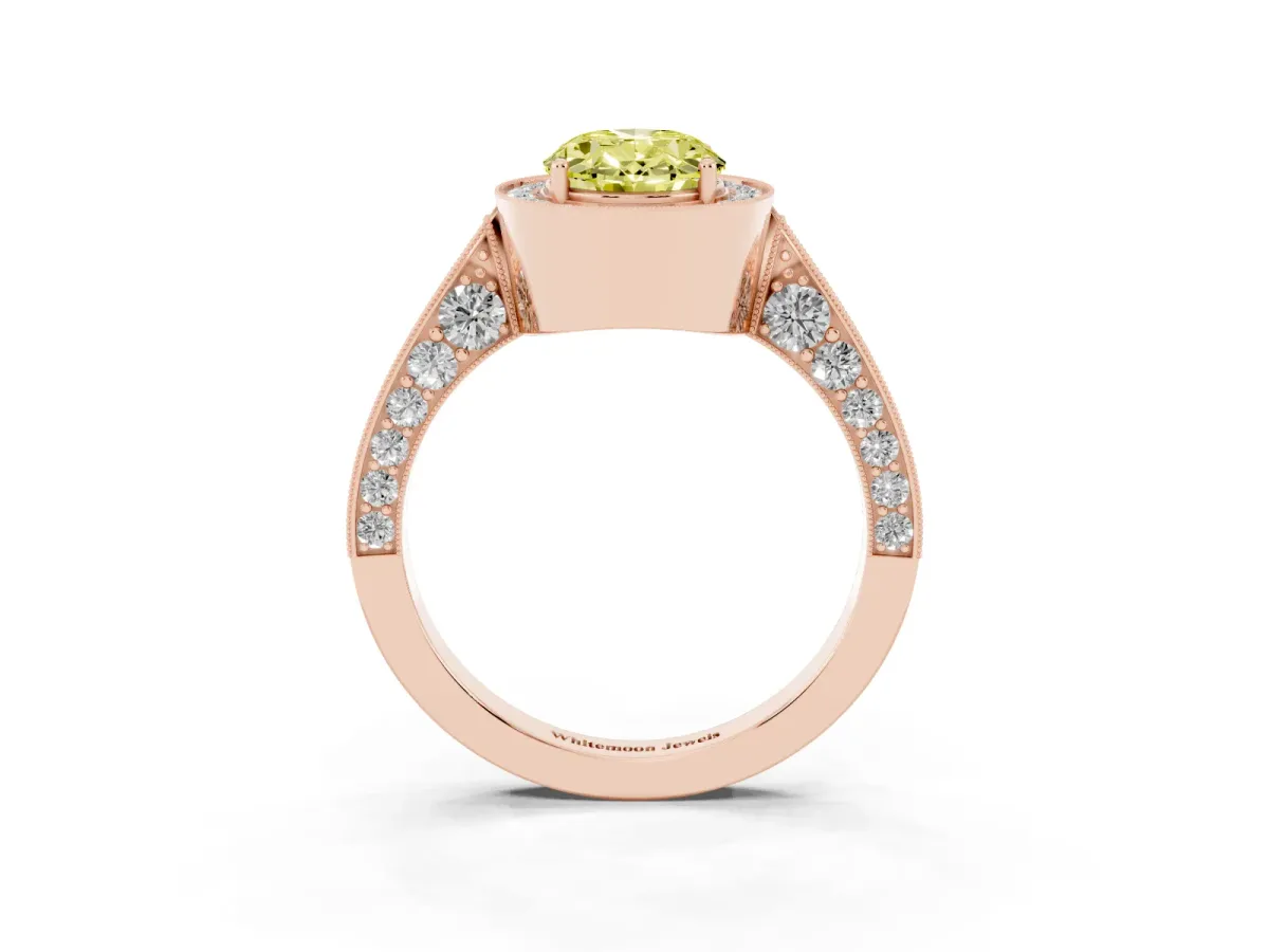 Fancy Yellow Oval Cut Halo Diamond Engagement Ring with Split Shank Band and Four-Prong Setting Rose gold