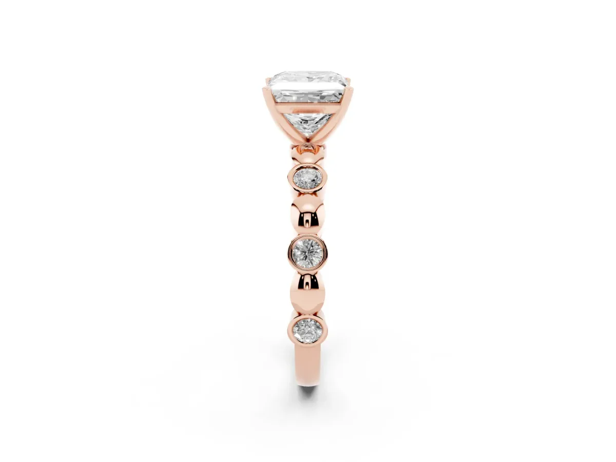 Princess Cut Solitaire Bezel-Set Diamond Ring with Beaded Band and Four-Prong Setting Rose gold