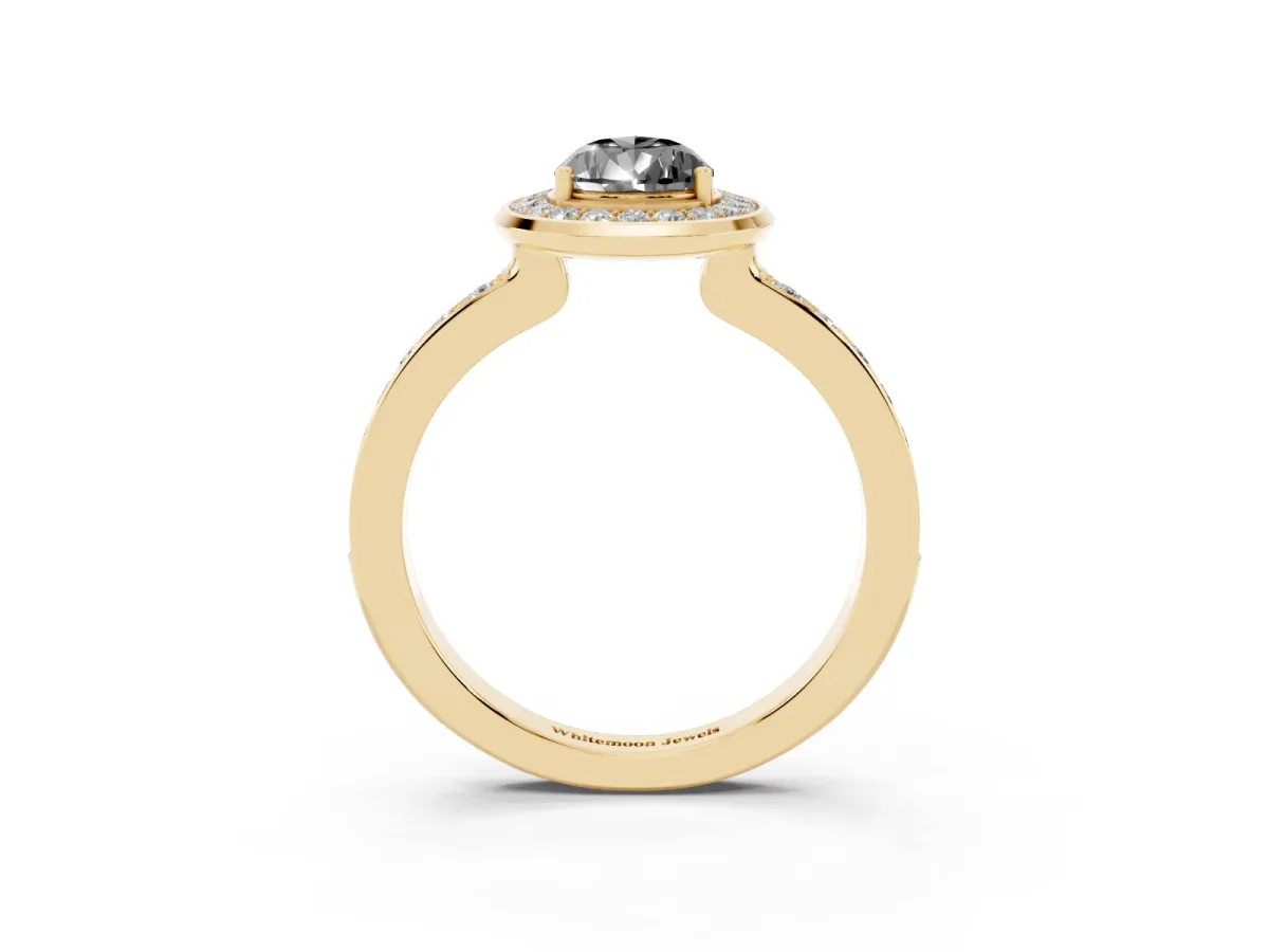 Fancy Black Pear Cut Diamond Halo Ring with Bezel Frame and Pavé Band Yellow gold