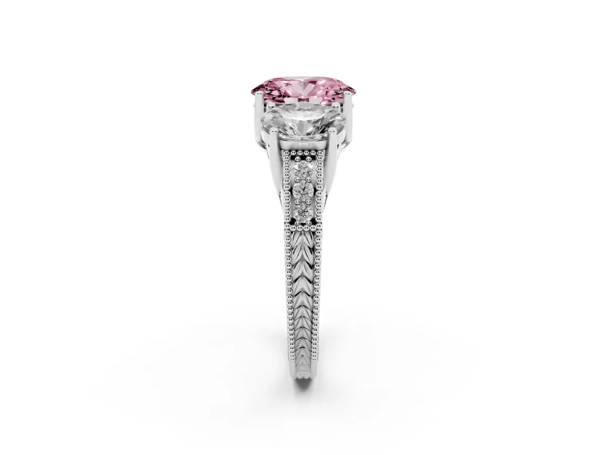 Fancy Pink Three-Stone Oval Cut Cut Milgrain Pavé Engagement Ring Silver
