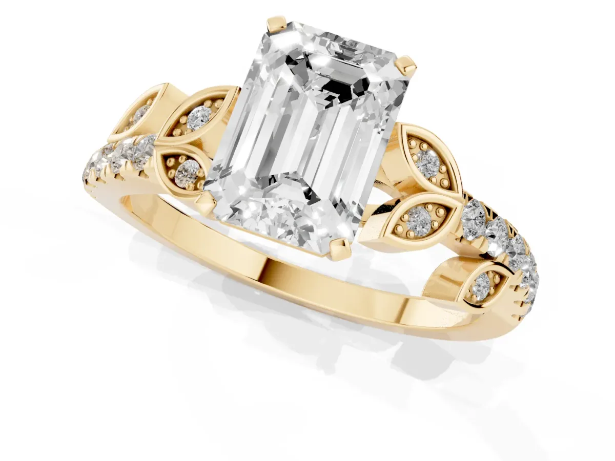 Emerald Cut Solitaire Leaf-Inspired Diamond Ring with Pavé Band and Four-Prong Setting Yellow gold