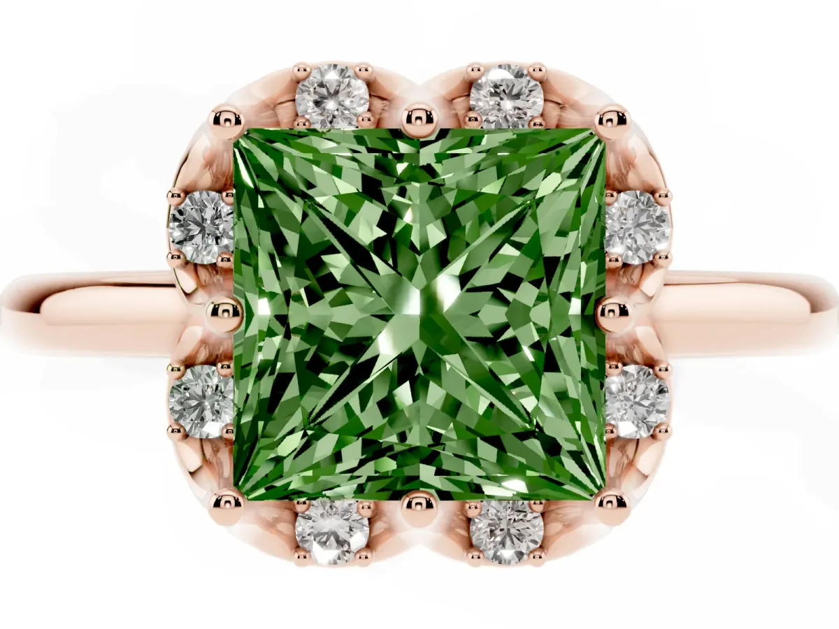 Fancy Green Princess Cut Halo Diamond Ring with Round Cluster Setting, Solitaire Band, and Four-Prong Setting Rose gold