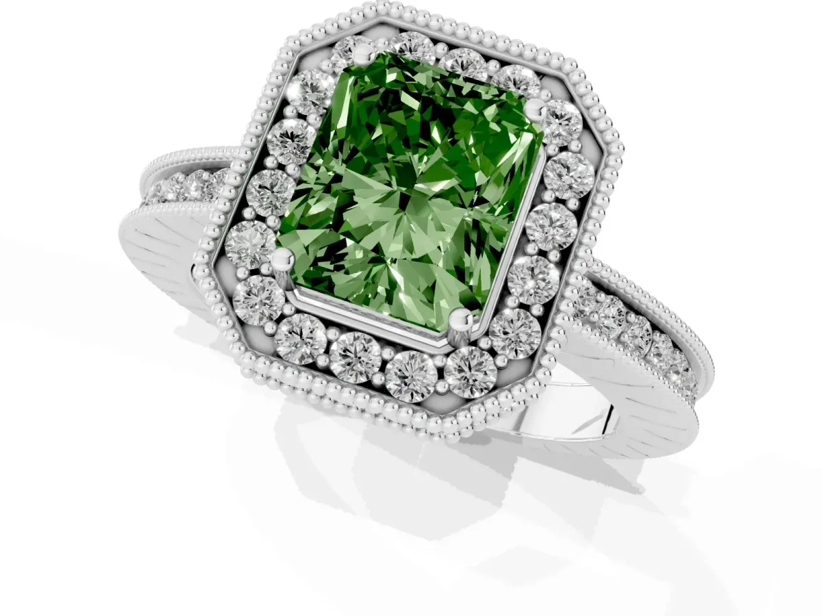 Fancy Green Radiant Cut Diamond Milgrain Halo Engagement Ring with Round Pavé Band and Prong Setting Platinum
