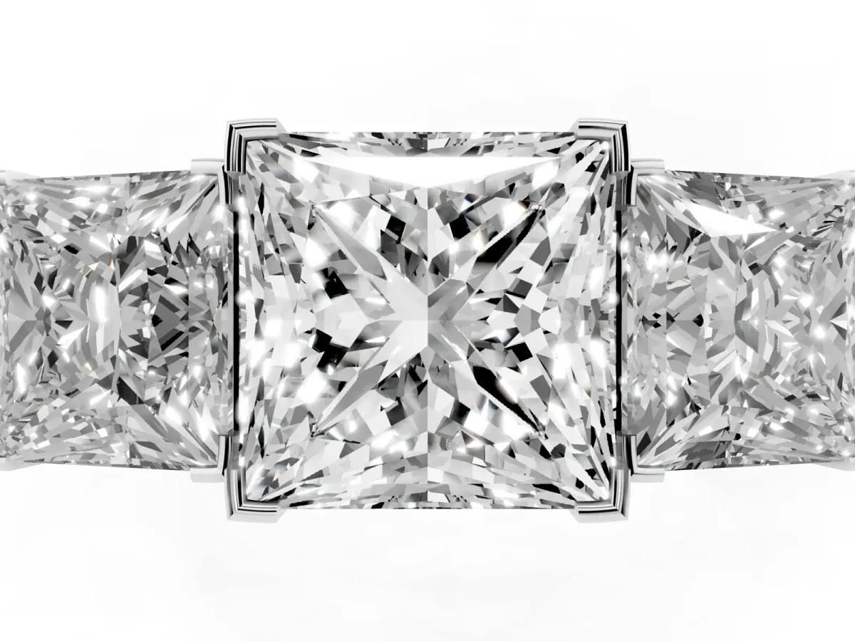 Three-Stone Princess Cut Cut Diamond Ring with Channel Set Band and Four-Prong Setting Silver
