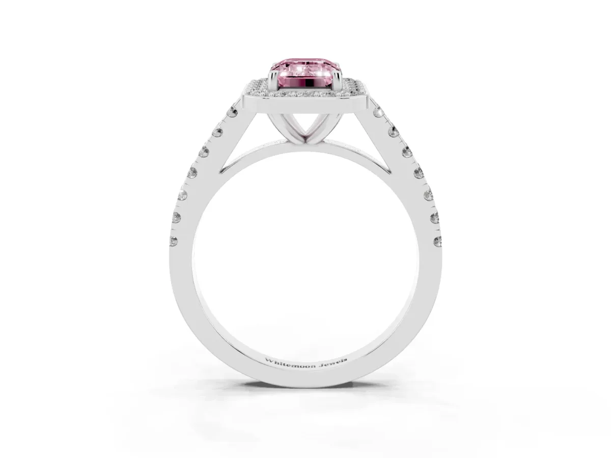 Fancy Pink Emerald Cut Diamond Halo Ring with Round Pavé Split Shank and Prong Setting Platinum