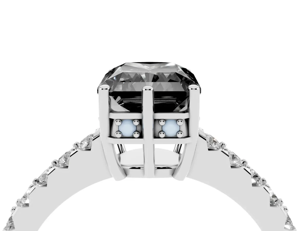 Fancy Black Radiant Cut Solitaire Diamond Engagement Ring with Pavé Band and Six-Prong Setting Silver