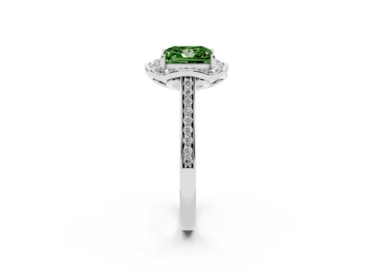 Fancy Green Princess Cut Halo Round Diamond Pave Band with Four-Prong Setting Silver