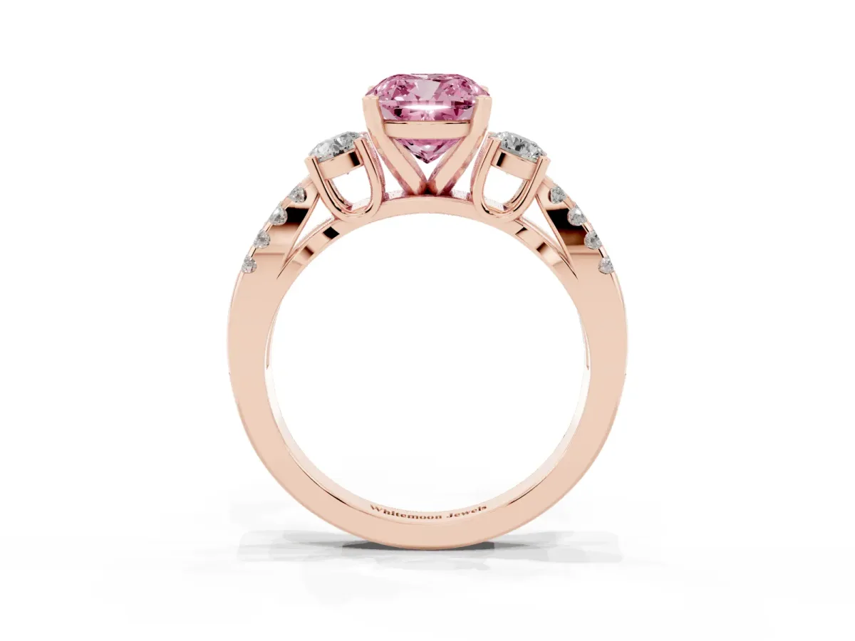 Fancy Pink Cushion Cut Diamond Three-Stone Ring with Pavé Split Shank and Four-Prong Setting Rose gold