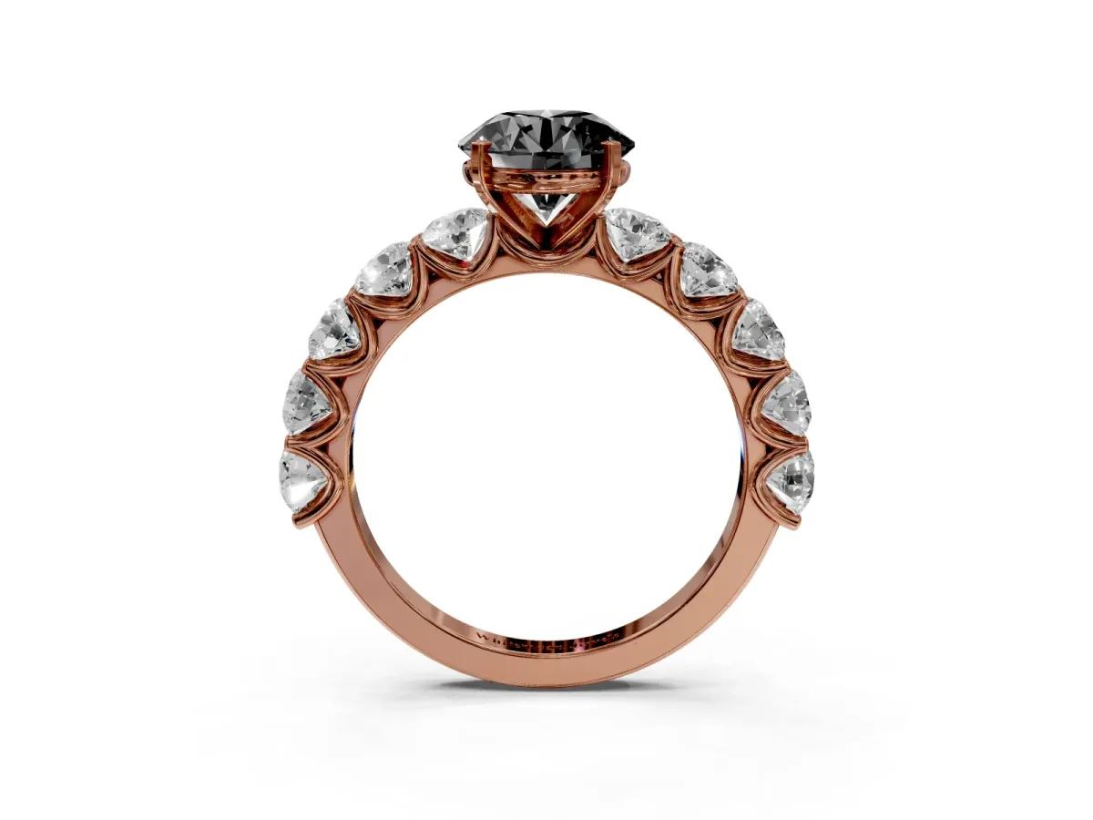 Fancy Black Round Cut Diamond Prong Setting with Side Stones on a Pave Band Rose gold